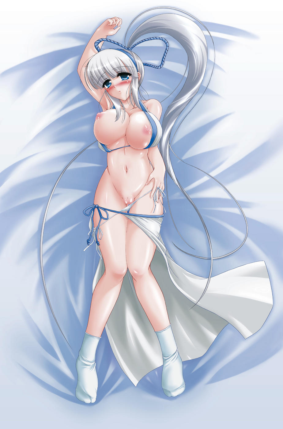 majikina mina, samurai spirits, highres, blue eyes, blush, long hair, ponytail, pussy, tabi, uncensored, white hair