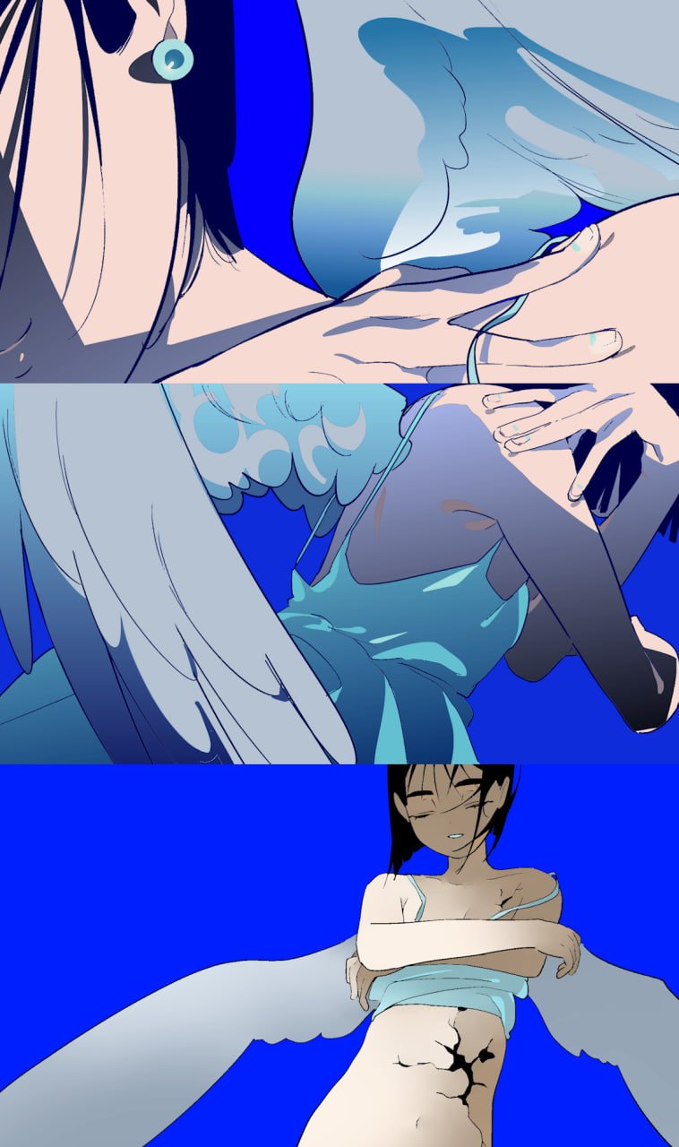 sua (alien stage), alien stage, commentary, hashtag-only commentary, highres, 101mianmian88, 1girl, angel wings, black hair, blue background, closed eyes, clothes lift, cracked skin, dress, dress lift, earrings, jewelry, navel, pearl earrings, short hair, spaghetti strap, white dress, white wings, wings