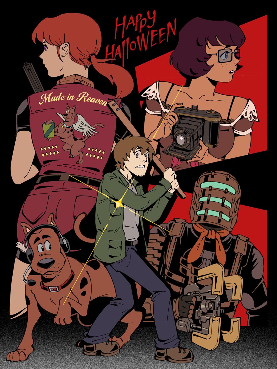 officeanomaly, claire redfield, daphne blake, fred jones, isaac clarke, james sunderland, scooby-doo (character), shaggy rogers, velma dinkley, dead space (series), fatal frame, resident evil, resident evil 2, scooby-doo, silent hill (series), silent hill 2, highres, ass, cosplay, dog, glasses, mask, shorts