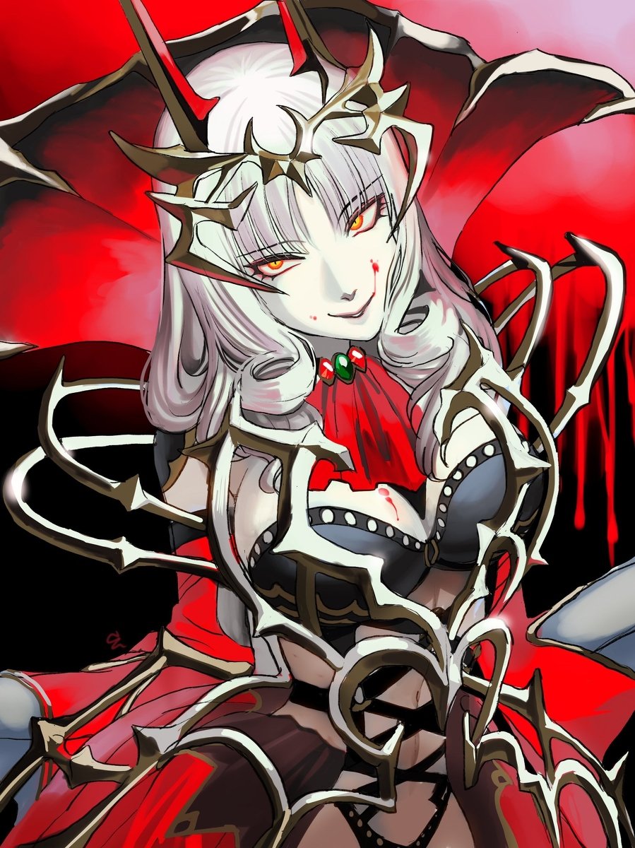 asamitsu (n morninglight), carmilla (fate), fate/grand order, fate (series), highres, 1girl, ascot, bare shoulders, black bra, bra, breasts, brooch, cleavage, detached collar, detached sleeves, fake horns, horns, jewelry, large breasts, long hair, long skirt, looking at viewer, popped collar, red skirt, skirt, smile, solo, underwear, white hair, yellow eyes