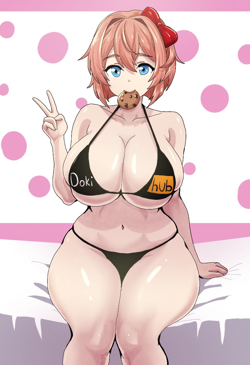 sayori (doki doki literature club), doki doki literature club, pornhub, highres, 1girl, bikini, black bikini, blue eyes, bow, breasts, brown hair, cleavage, cookie, curvy, food, food in mouth, hair bow, huge breasts, looking at viewer, navel, on bed, red bow, short hair, sitting, solo, swimsuit, tanukisan9997, v