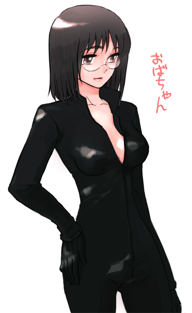 aturou0129, harakawa tamako, dennou coil, 00s, brown eyes, brown hair, glasses, gloves, hand on own hip, hip focus, jumpsuit, solo, unzipped