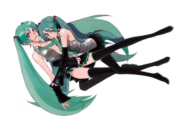 aturou0129, hatsune miku, vocaloid, 2girls, aqua eyes, aqua hair, bare shoulders, clone, detached sleeves, dual persona, headset, long hair, mouth hold, multiple girls, necktie, open clothes, open shirt, selfcest, shirt, skirt, thighhighs, twintails, undressing, very long hair, yuri