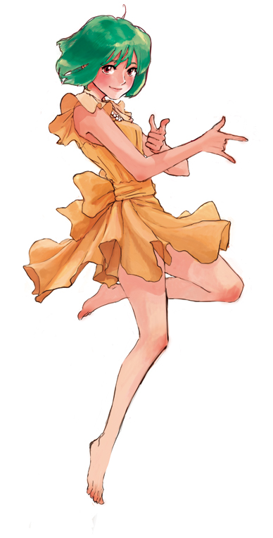 aturou0129, ranka lee, bishoujo senshi sailor moon, macross, macross frontier, 1girl, bare shoulders, barefoot, brown eyes, dress, feet, female focus, full body, green hair, jewelry, m/, necklace, orange skirt, parody, short hair, simple background, skirt, smile, solo, tsuki ni kawatte oshioki yo, white background