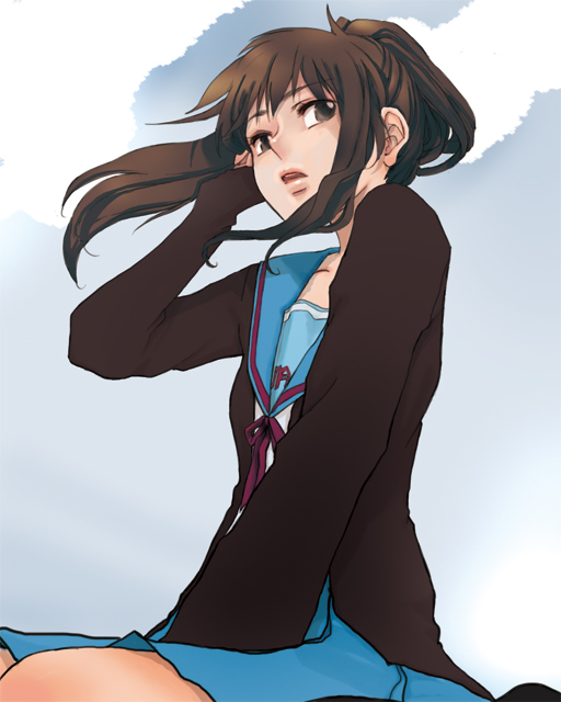 aturou0129, kyon, kyonko, suzumiya haruhi no yuuutsu, 00s, 1girl, brown eyes, brown hair, cardigan, cloud, female focus, from below, genderswap, genderswap (mtf), long hair, looking back, ponytail, school uniform, serafuku, skirt, sky, solo, wind