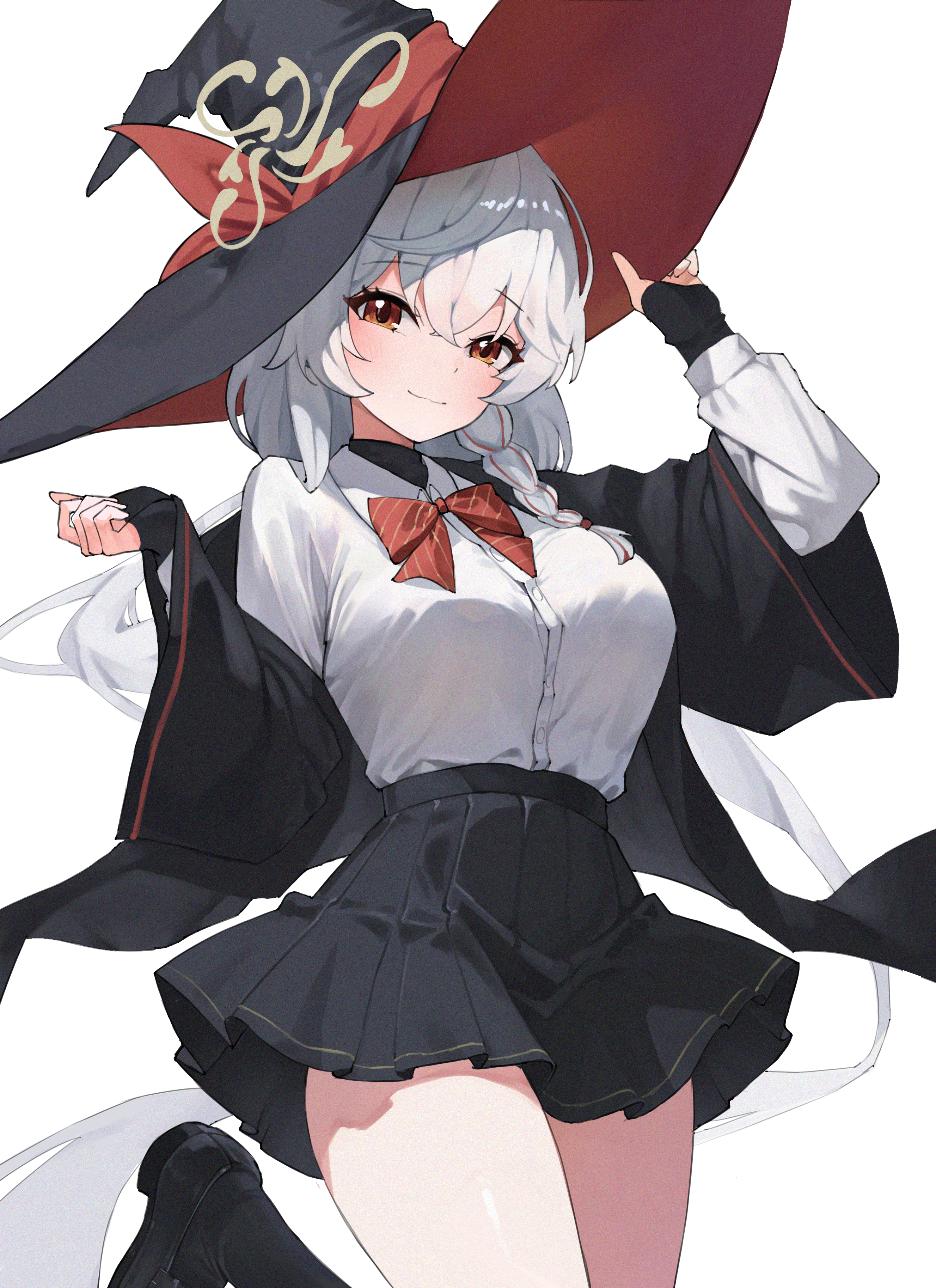 cham ggi, eri (blue archive), blue archive, absurdres, commentary request, highres, korean commentary, 1girl, black jacket, black shirt, black shoes, black skirt, black socks, blush, bow, bowtie, braid, breasts, brown eyes, brown halo, closed mouth, collared shirt, diagonal-striped bow, diagonal-striped bowtie, diagonal-striped clothes, halo, hat, jacket, kneehighs, large breasts, long hair, long sleeves, looking at viewer, multicolored hair, open clothes, open jacket, pleated skirt, red bow, red bowtie, red streaks, shirt, shoes, side halo, simple background, single braid, skirt, socks, solo, standing, standing on one leg, streaked hair, striped bow, striped bowtie, striped clothes, two-sided fabric, two-sided headwear, very long hair, white background, white hair, white shirt, witch hat