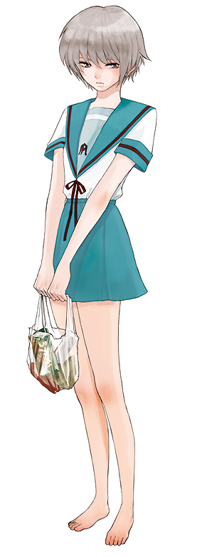 aturou0129, nagato yuki, suzumiya haruhi no yuuutsu, silver hair, 00s, bag, barefoot, feet, school uniform, serafuku, skirt, solo