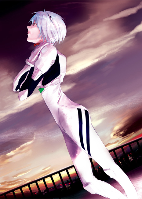 aturou0129, ayanami rei, neon genesis evangelion, blue hair, cloud, dutch angle, looking up, mecha pilot suit, plugsuit (evangelion), railing, red eyes, rooftop, short hair, sky, solo, twilight