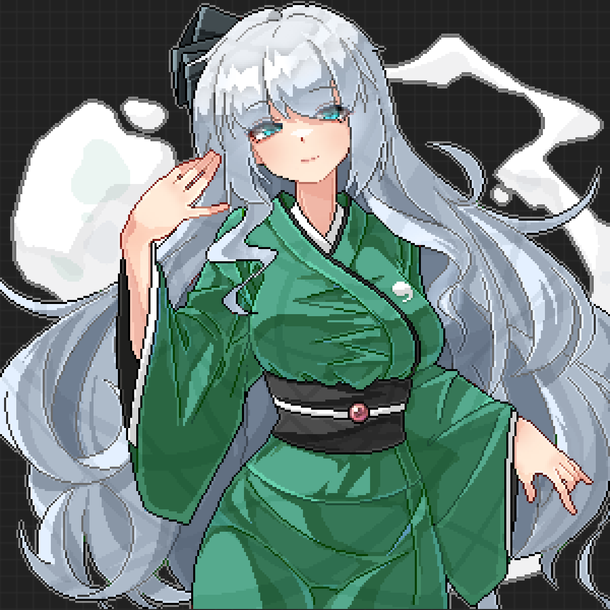 eaglov, konpaku youmu, konpaku youmu (ghost), touhou, commentary, highres, 1girl, alternate costume, alternate hair length, alternate hairstyle, aqua eyes, black background, black hairband, breasts, closed mouth, cowboy shot, ghost, green kimono, grey hair, hairband, japanese clothes, kimono, large breasts, long hair, long sleeves, looking at viewer, pixel art, sash, smile, solo, very long hair, wide sleeves