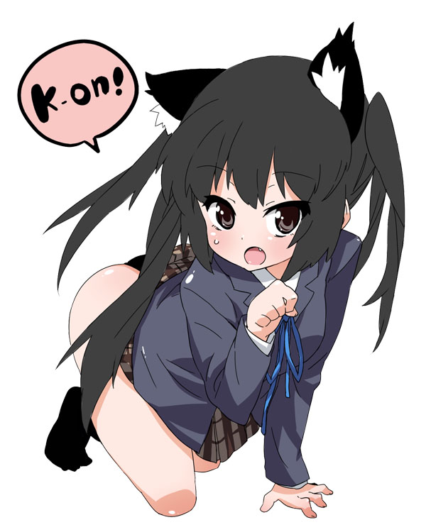 hama chon, nakano azusa, k-on!, 00s, 1girl, all fours, animal ears, black hair, brown eyes, cat ears, cat girl, fang, female focus, full body, paw pose, school uniform, simple background, solo, twintails