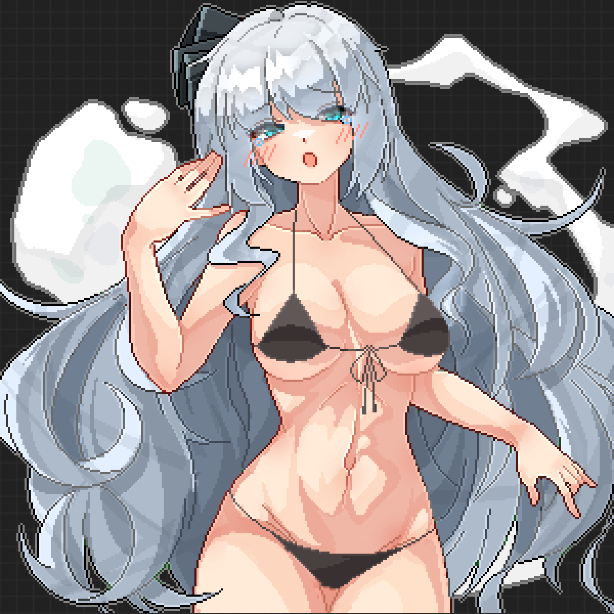 eaglov, konpaku youmu, konpaku youmu (ghost), touhou, commentary, highres, 1girl, :o, alternate hair length, alternate hairstyle, aqua eyes, bikini, black background, black bikini, black hairband, blush, breasts, cleavage, cowboy shot, ghost, grey hair, hairband, large breasts, long hair, looking at viewer, open mouth, pixel art, solo, swimsuit, tearing up, very long hair