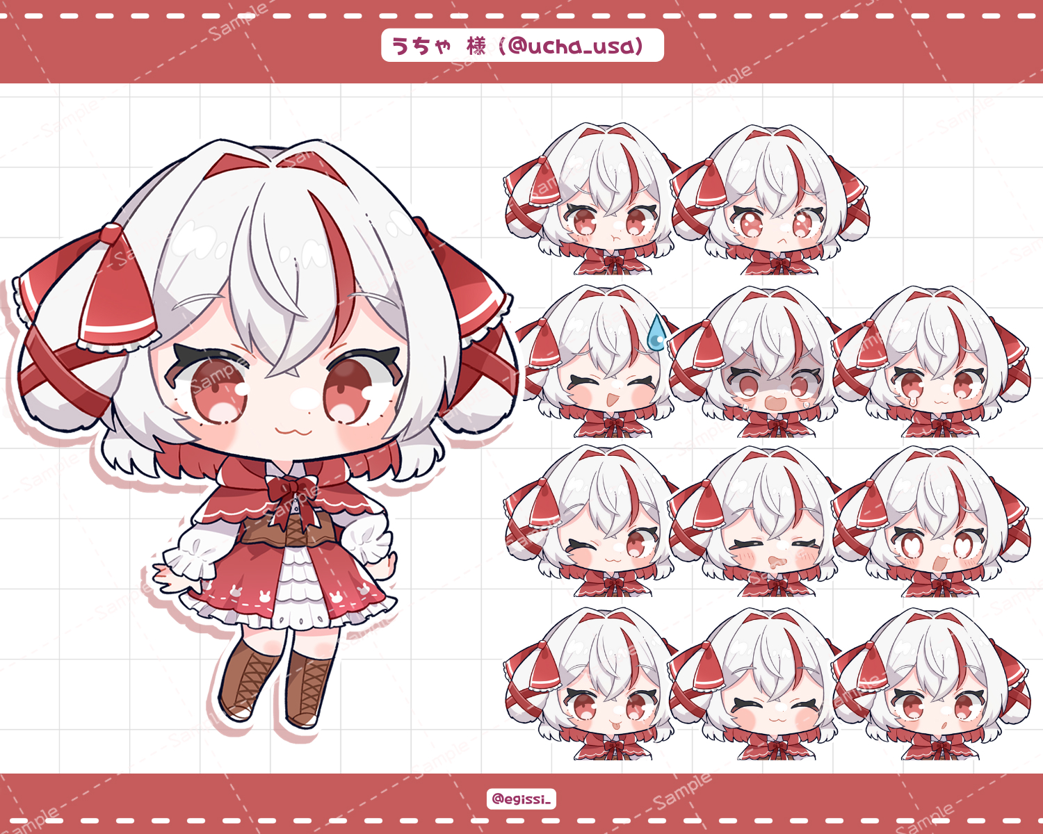 indie virtual youtuber, commentary request, copyright request, highres, 1girl, :3, :d, :o, animal ears, blush stickers, boots, bow, bowtie, brown boots, capelet, character name, chibi, chibi only, closed mouth, crossed bangs, dress, ear ribbon, egissi, floppy ears, frilled dress, frills, full body, grid background, hair ribbon, lace-up boots, long sleeves, looking at viewer, multicolored hair, multiple views, open mouth, rabbit ears, rabbit girl, red bow, red bowtie, red capelet, red dress, red eyes, red hair, red ribbon, ribbon, sample watermark, short hair, smile, standing, streaked hair, twitter username, two-tone hair, ucha (vtuber), virtual youtuber, watermark, watermark grid, white background