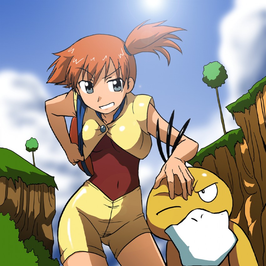 takaya n, misty (pokemon), psyduck, nintendo, pokemon, blue eyes, gen 1 pokemon, one eye closed, orange hair, pokemon (creature), short hair, sky, smile, wink