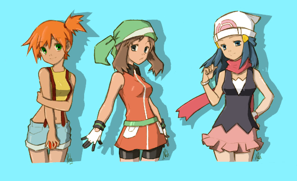 dawn (pokemon), may (pokemon), misty (pokemon), nintendo, pokemon, 3girls, beanie, blue eyes, blue hair, brown hair, gloves, green eyes, hat, multiple girls, orange hair, scarf, short hair, short shorts, shorts, skirt