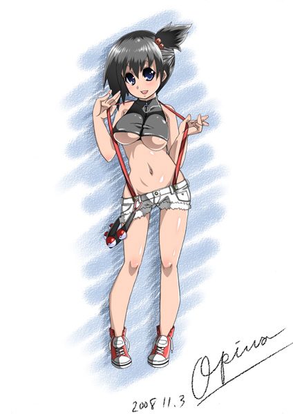 satsuki imonet, misty (pokemon), nintendo, pokemon, pokemon: the electric tale of pikachu, 1girl, bare shoulders, blush, bow, breasts, cleavage, dated, female focus, gym leader, hair bow, hair ornament, hair ribbon, huge breasts, large breasts, no bra, ponytail, ribbon, shoes, short hair, shorts, side ponytail, smile, solo, unzipped