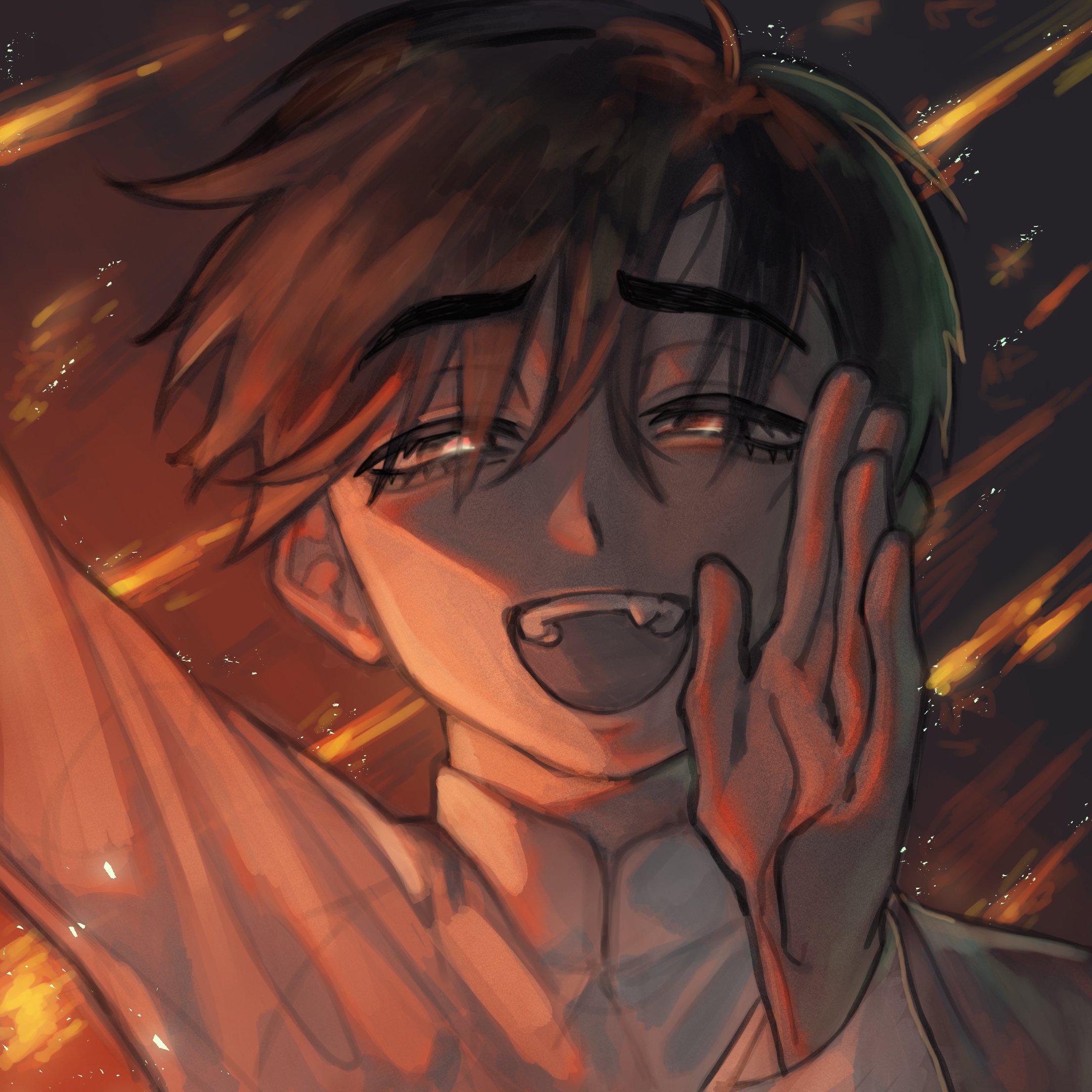 ivan (alien stage), alien stage, commentary, derivative work, english commentary, highres, 1boy, acliptyc, album cover redraw, arm up, black eyes, black hair, fang, hand to own mouth, male focus, meteor shower, open mouth, portrait, shirt, short hair, smile, solo, teeth, upper teeth only, very short hair, white shirt