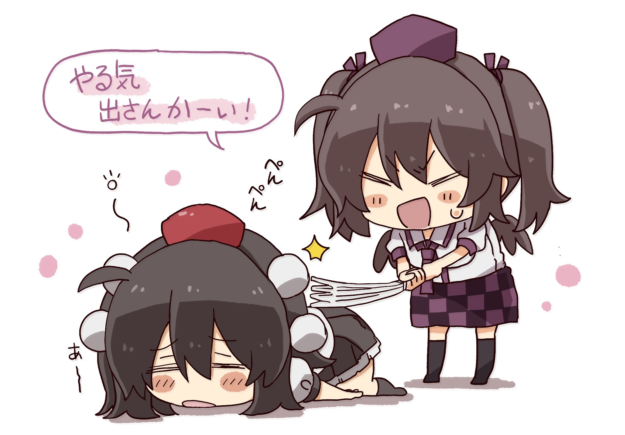 totoharu (kujirai minato), himekaidou hatate, shameimaru aya, touhou, commentary request, highres, translation request, 2girls, :d, black skirt, black socks, blush stickers, brown hair, checkered clothes, checkered skirt, chibi, closed eyes, collared shirt, dress shirt, hair ribbon, hand fan, harisen, hat, holding, kneehighs, lying, mini hat, multiple girls, necktie, on stomach, open mouth, pleated skirt, puffy short sleeves, puffy sleeves, purple hat, purple necktie, purple ribbon, red hat, ribbon, shadow, shirt, short sleeves, skirt, small sweatdrop, smile, socks, standing, sweat, tokin hat, twintails, v-shaped eyebrows, white background, white shirt