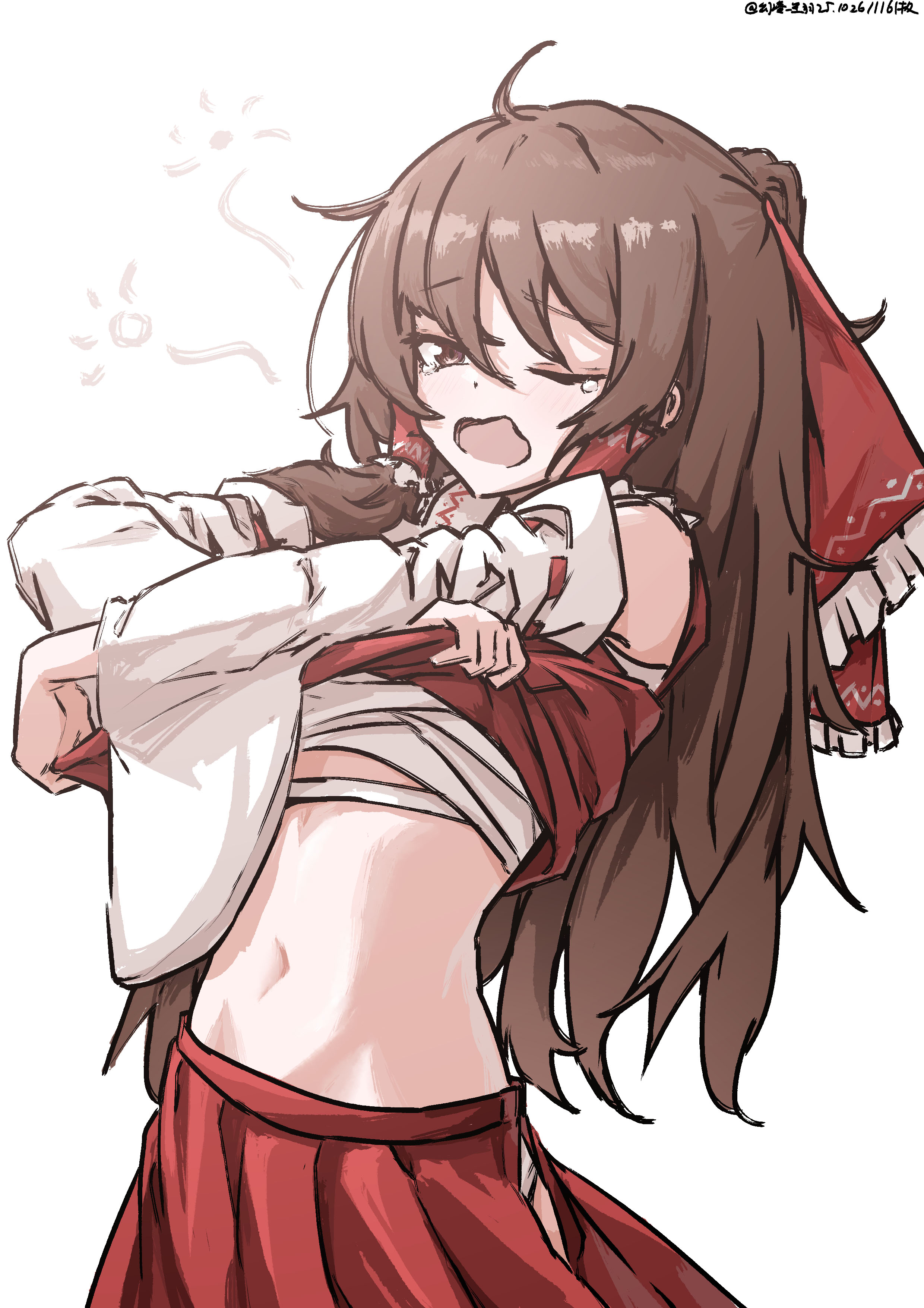 ve1024, hakurei reimu, touhou, absurdres, chinese commentary, commentary request, highres, mixed-language commentary, 1girl, artist name, bow, brown eyes, brown hair, chest sarashi, clothes lift, dated, detached sleeves, frilled bow, frilled hair tubes, frills, hair bow, hair tubes, lifting own clothes, long hair, midriff sarashi, navel, one-hour drawing challenge, one eye closed, open mouth, red bow, red shirt, red skirt, ribbon-trimmed sleeves, ribbon trim, sarashi, shirt, shirt lift, skirt, skirt set, sleepy, sleeveless, sleeveless shirt, solo, squeans, undressing, yawning