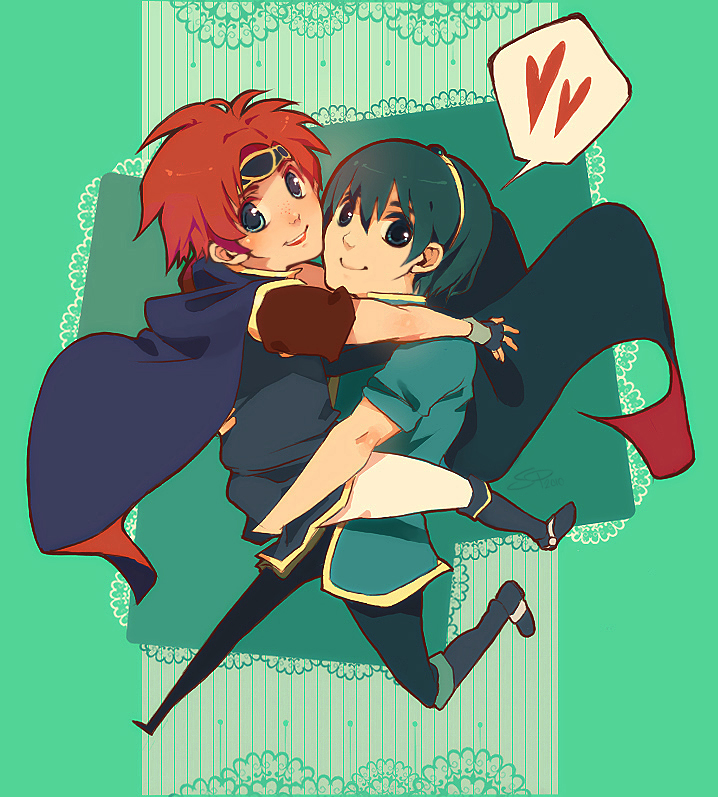meep, marth (fire emblem), roy (fire emblem), fire emblem, nintendo, super smash bros., 2boys, blue boots, blue cape, blue eyes, blue hair, blue headband, blue pants, blue tunic, boots, border, cape, carrying, carrying person, fingerless gloves, fold-over boots, forced perspective, forehead protector, freckles, full body, gloves, gold trim, green background, hand on another's ass, hand on another's back, headband, heart, holding, knee boots, lace, lace background, lace border, leg up, looking at viewer, looking to the side, male focus, multiple boys, open mouth, ornate border, outstretched arms, pants, red cape, red hair, running, short hair, short sleeves, smile, speech bubble, spoken heart, striped background, tiara, tunic, two-tone cape, walking, white pants, yaoi