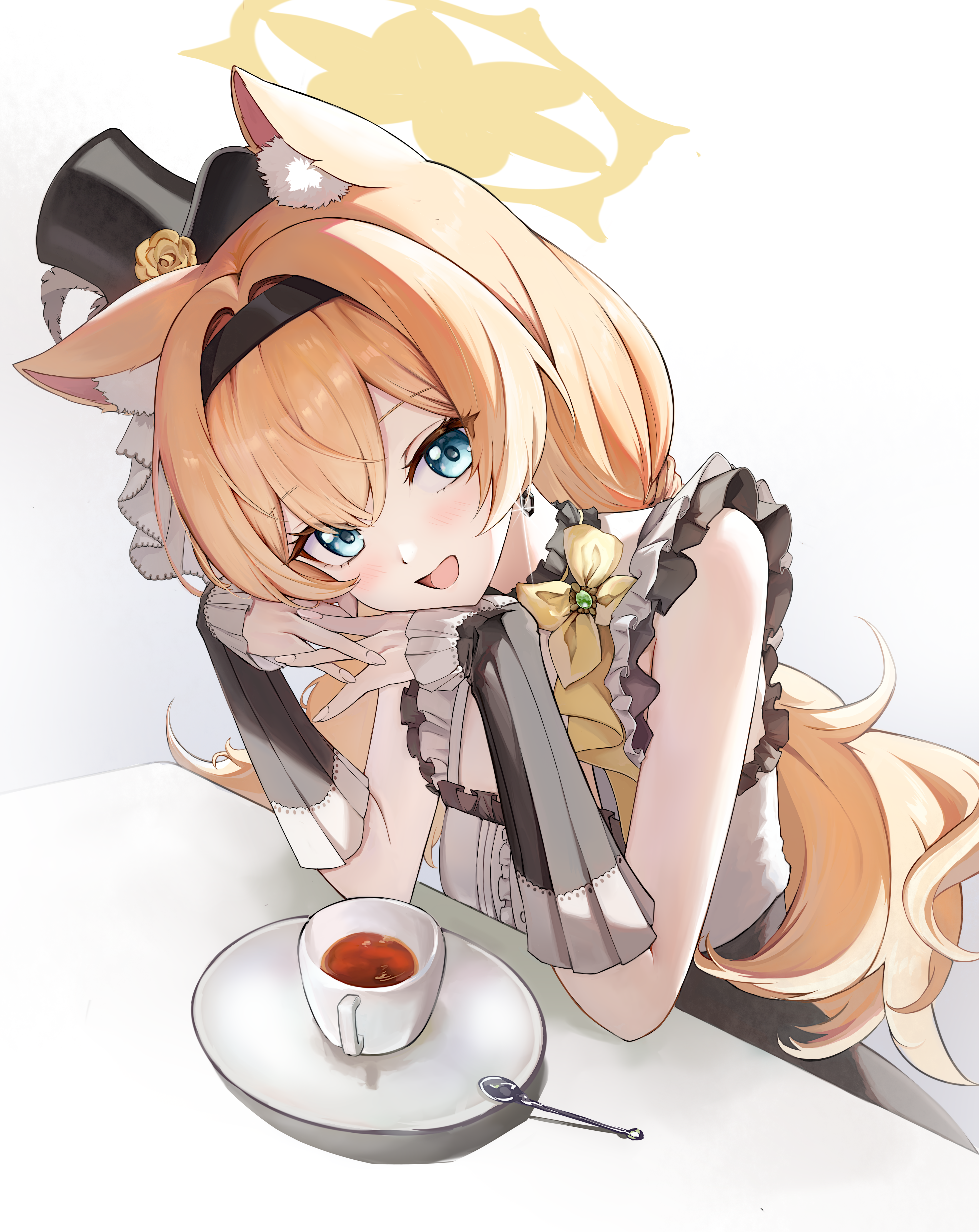 shubun (user gxsx8757), mari (blue archive), mari (idol) (blue archive), blue archive, absurdres, chinese commentary, commentary request, highres, 1girl, :d, animal ear fluff, animal ears, backlighting, bare shoulders, black dress, black hairband, black hat, blue eyes, blush, cat ears, cat girl, center frills, cup, dress, dutch angle, earrings, elbows on table, extra ears, eyelashes, eyes visible through hair, flower, frilled dress, frills, glint, grey dress, hair between eyes, hair intakes, hairband, halo, happy, hat, hat flower, idol, idol clothes, interlocked fingers, jewelry, leaning forward, long hair, looking at viewer, low twintails, official alternate costume, official alternate hairstyle, open mouth, orange hair, own hands together, rose, simple background, sleeveless, sleeveless dress, smile, solo, spoon, tea, teacup, top hat, twintails, two-tone dress, upper body, very long hair, white background, yellow flower, yellow halo, yellow rose