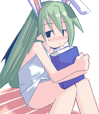 asami natsuhito, original, archived source, commentary request, lowres, animal ears, anime coloring, black eyes, blush, book, closed mouth, dot nose, dress, green hair, hair between eyes, holding, holding book, jaggy lines, knees together feet apart, long bangs, long hair, looking at viewer, pointy ears, rabbit ears, simple background, single ear down, sitting, straight hair, very long hair, white background, white dress