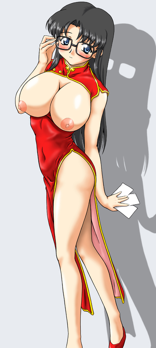 ta152 (graf zeppelin), yomiko readman, read or die, highres, long image, tall image, 00s, 1girl, adjusting eyewear, bare legs, black hair, blue eyes, blush, breasts, breasts out, card, china dress, chinese clothes, dress, female focus, framed breasts, glasses, high heels, hip focus, large breasts, legs, long hair, nipples, no bra, red dress, shadow, shoes, side slit, solo