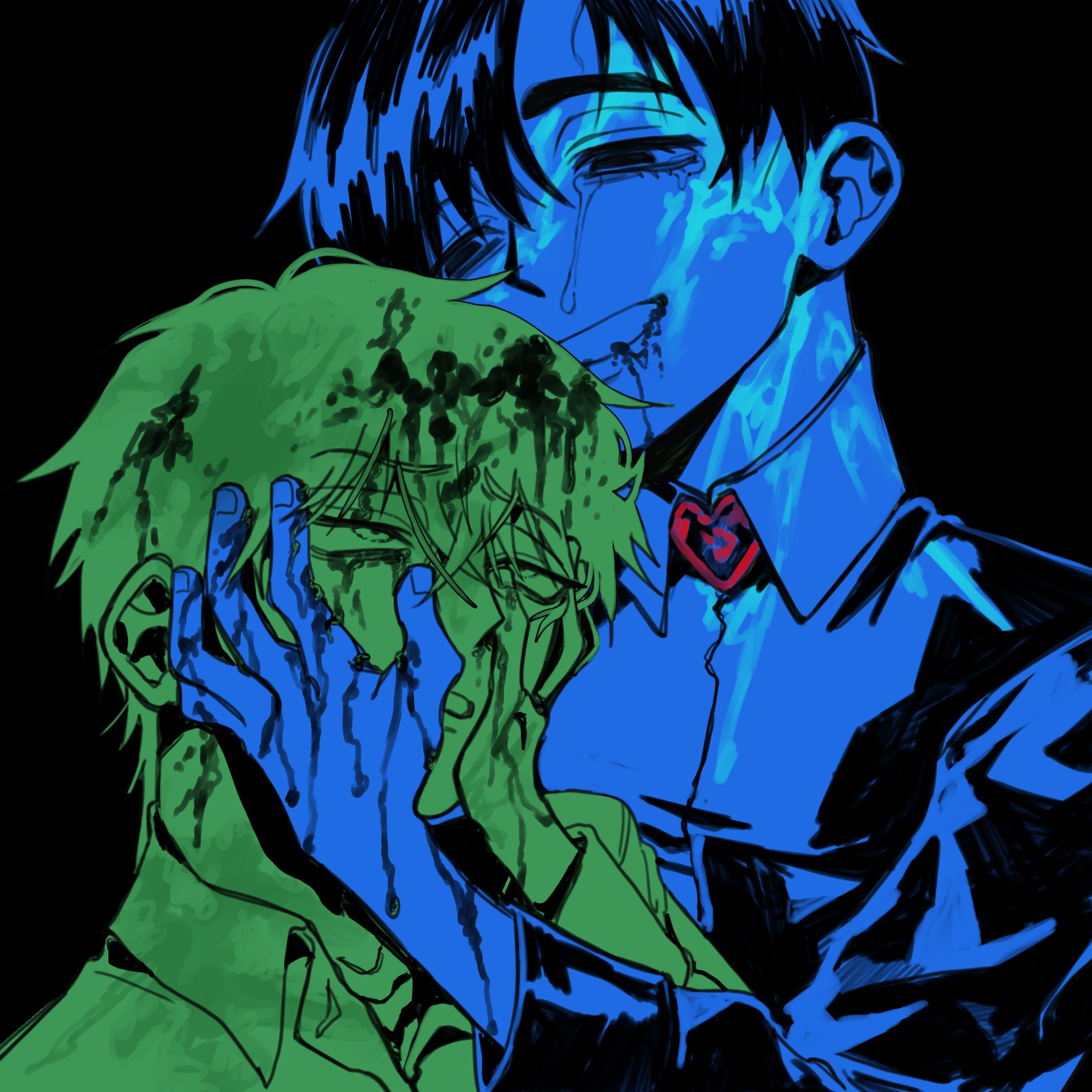 ivan (alien stage), till (alien stage), alien stage, commentary, english commentary, highres, 2boys, acliptyc, black background, blood, blood from mouth, blood on face, collared shirt, hand on another's face, hand on own face, heart, limited palette, multiple boys, shirt, smile, tears