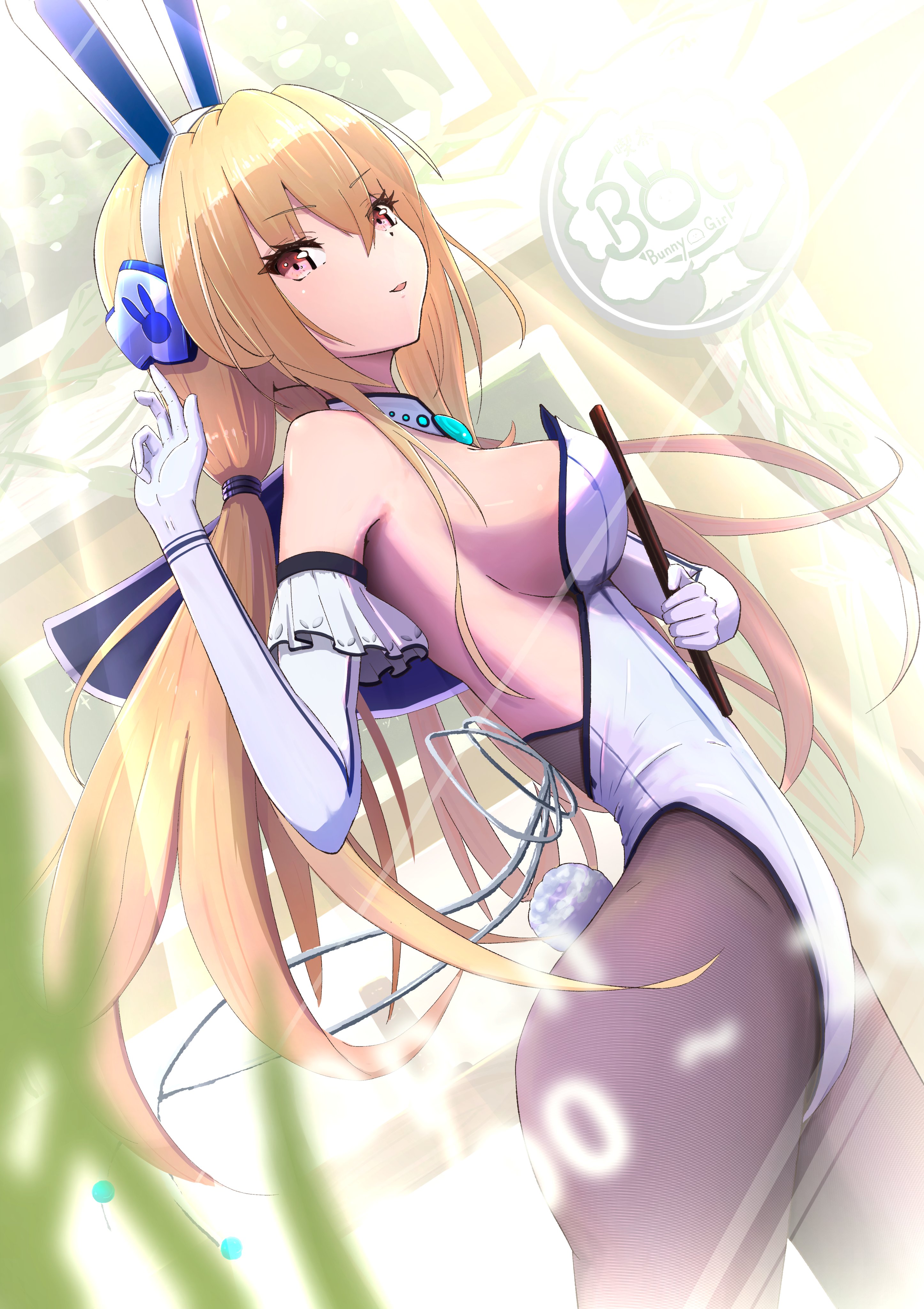 psy (artist), shirakawa yuina, heaven burns red, absurdres, highres, 1girl, animal ears, backless leotard, bare shoulders, black pantyhose, blonde hair, blurry, blurry foreground, breasts, clipboard, cowboy shot, depth of field, detached collar, dutch angle, elbow gloves, english text, fake animal ears, fake tail, from side, gloves, hair between eyes, hair ornament, hairband, hand up, highleg, highleg leotard, holding, holding clipboard, large breasts, leotard, long hair, looking at viewer, medium breasts, pantyhose, parted lips, pink eyes, playboy bunny, rabbit ears, rabbit tail, red eyes, sideboob, smile, solo, standing, strapless, strapless leotard, sunlight, tail, very long hair, white gloves, white hairband, white leotard