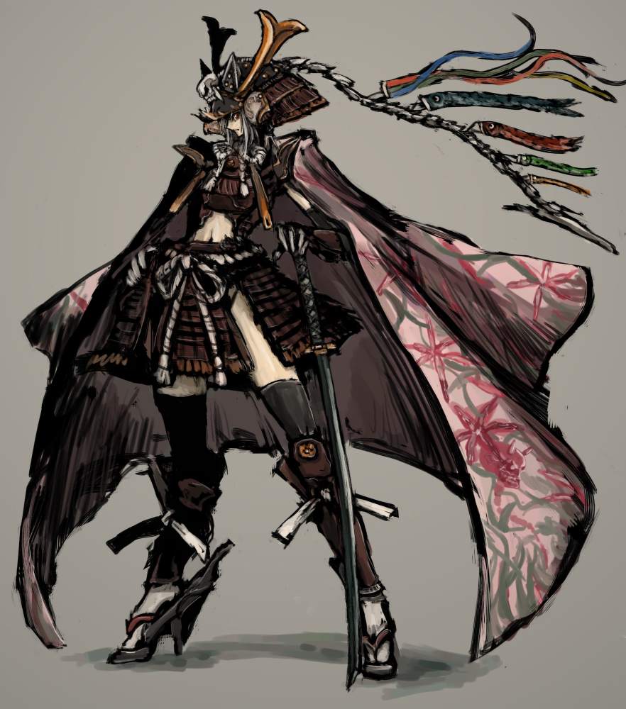 moto murabito, original, traditional media, 1girl, armor, cape, epic, female focus, helmet, high heels, japanese armor, kabuto (helmet), katana, kusazuri, midriff, planted, planted sword, planted weapon, rope, samurai, sandals, shikoro, shoes, simple background, solo, suneate, sword, tabi, thighhighs, weapon
