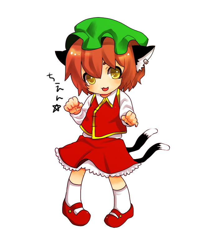 yutazou, chen, touhou, bad id, bad pixiv id, 1girl, animal ears, brown hair, cat ears, cat girl, cat tail, child, earrings, female focus, full body, hat, jewelry, multiple tails, short hair, simple background, solo, standing, tail, white background, yellow eyes