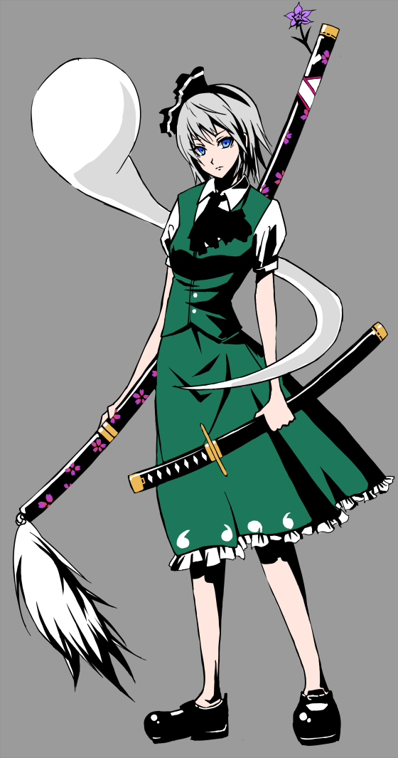 bokuden, konpaku youmu, konpaku youmu (ghost), touhou, silver hair, 1girl, aged up, blue eyes, female focus, ghost, hairband, hitodama, katana, ribbon, short hair, simple background, solo, sword, weapon
