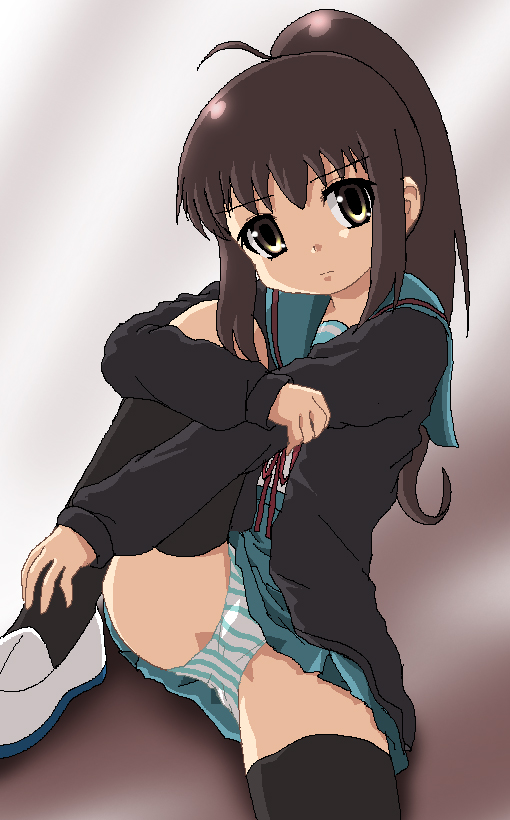 hayashiya zankurou, kyon, kyonko, suzumiya haruhi no yuuutsu, 00s, 1girl, brown eyes, brown hair, cardigan, female focus, genderswap, genderswap (mtf), hugging own legs, long hair, oekaki, panties, pantyshot, pixel art, ponytail, school uniform, serafuku, sitting, solo, striped clothes, striped panties, thighhighs, underwear