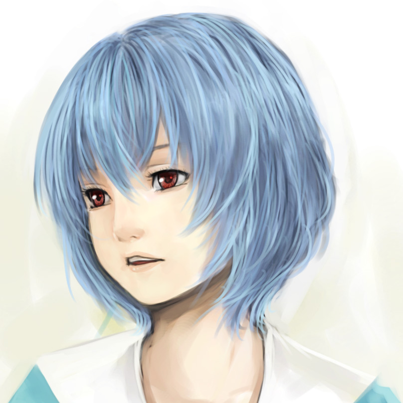 yui 7, ayanami rei, neon genesis evangelion, 1girl, blue hair, female focus, hair between eyes, lips, neck, realistic, red eyes, school uniform, short hair, smile, solo, teeth, upper teeth only, white hair