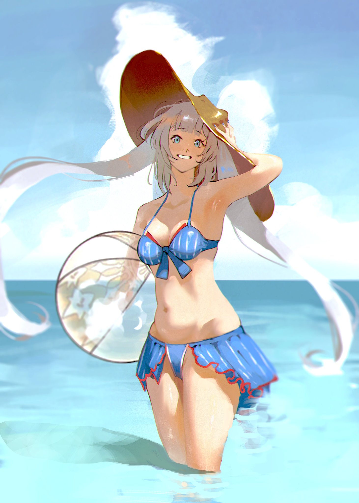 mauri sisca, marie antoinette (fate), fate (series), tagme, 1girl, bikini, hat, looking at viewer, navel, smile, straw hat, swimsuit, water