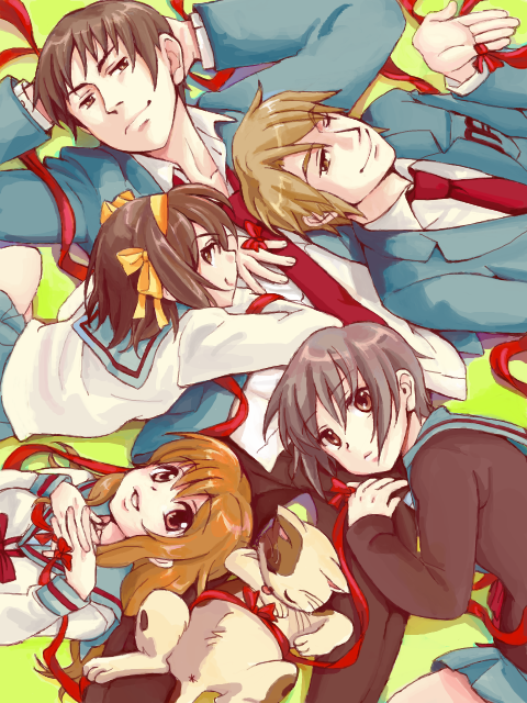 cika, asahina mikuru, koizumi itsuki, kyon, nagato yuki, shamisen (suzumiya haruhi), suzumiya haruhi, suzumiya haruhi no yuuutsu, 00s, 2boys, 3girls, calico (pattern), calico cat, cat, looking back, lying, multiple boys, multiple girls, pimp, ribbon, school uniform, serafuku, string, string of fate, tegaki