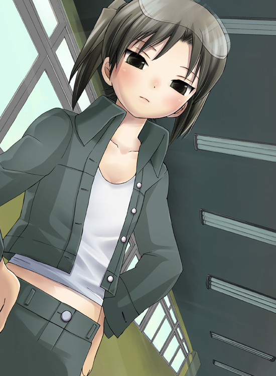 chitose kiiro, amasawa yuuko, dennou coil, bad id, bad pixiv id, 00s, 1girl, brown eyes, brown hair, dutch angle, eyewear on head, female focus, from below, glasses, jacket, looking down, pencil skirt, short hair, skirt, solo, twintails