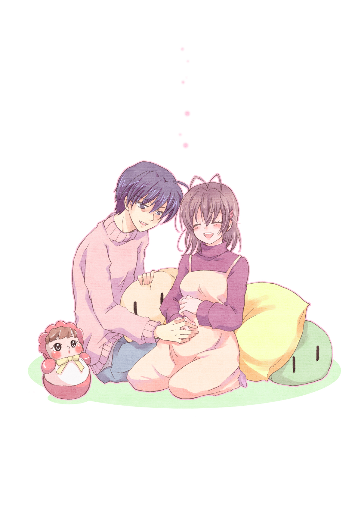 yuzuki kisa, furukawa nagisa, okazaki tomoya, clannad, dango daikazoku, bad id, bad pixiv id, highres, 00s, 1boy, 1girl, antenna hair, blue eyes, blue hair, brown hair, closed eyes, couple, doll, hetero, husband and wife, pillow, pregnant, short hair, smile