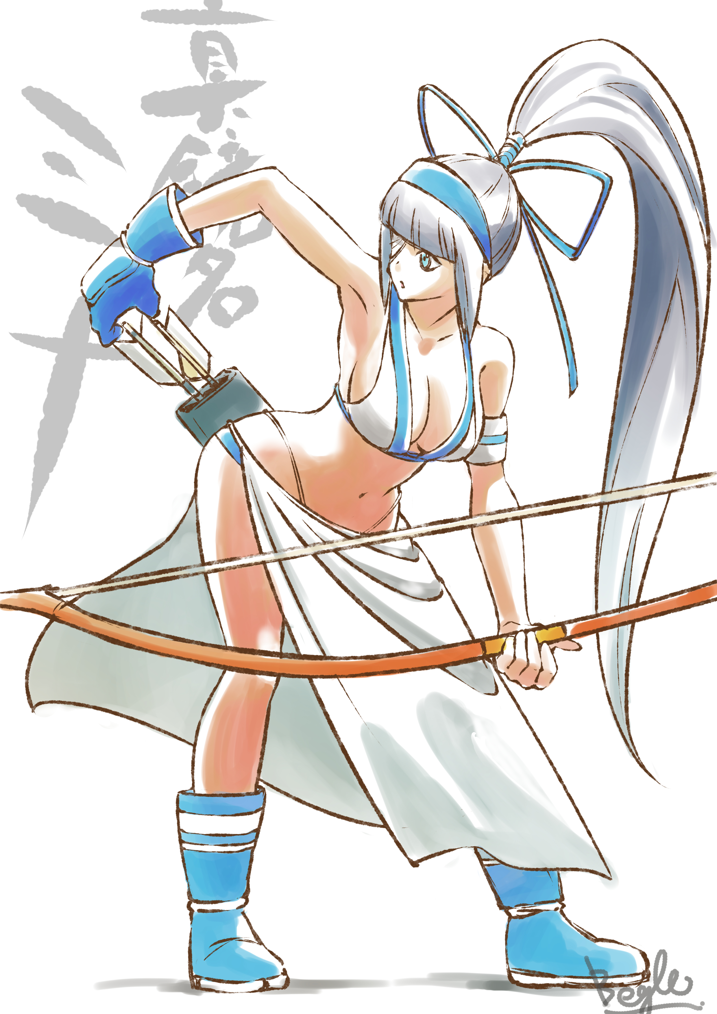 majikina mina, samurai spirits, absurdres, highres, tagme, 1girl, arrow (projectile), beagle47400590, bow, breasts, cleavage, ponytail, simple background, white background