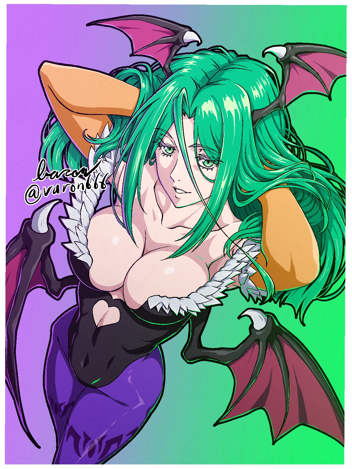 baron (varon666), varon, morrigan aensland, tokime (fuuto tantei), capcom, darkstalkers, fuuto tantei, kamen rider, kamen rider w, highres, 1girl, bare shoulders, black leotard, breasts, cleavage, clothing cutout, collarbone, cosplay, demon girl, green eyes, green hair, halloween, head wings, heart cutout, large breasts, leotard, long hair, morrigan aensland (cosplay), pantyhose, parted lips, purple pantyhose, solo, strapless, strapless leotard, wings