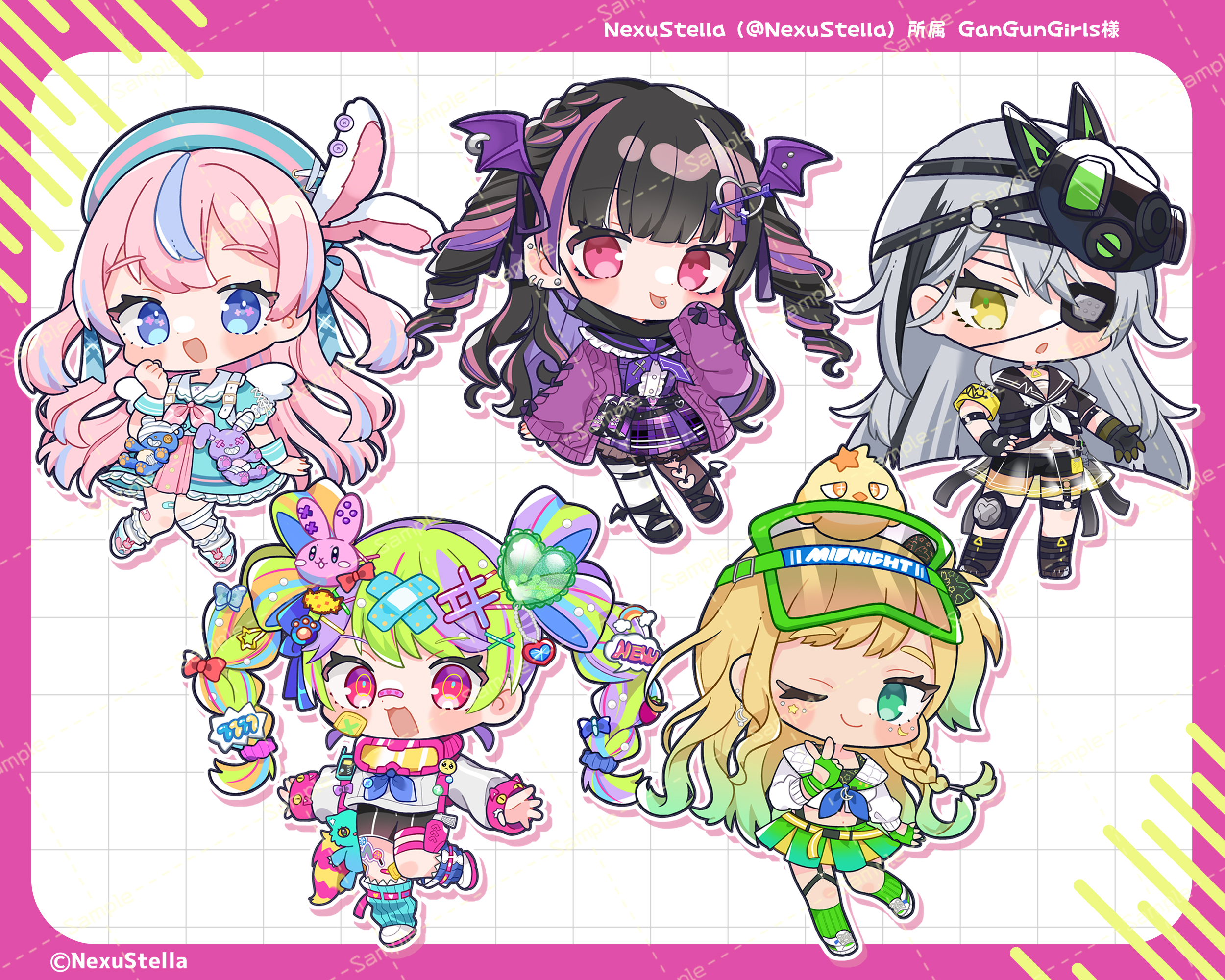 character request, copyright request, highres, official art, 5girls, :3, :d, :p, ;), asymmetrical legwear, black hair, black shoes, blonde hair, blue dress, blue eyes, blue hair, blue hat, blunt ends, blush stickers, border, braid, brown thighhighs, cardigan, closed mouth, copyright notice, double-parted bangs, dress, drop shadow, egissi, eyepatch, frilled dress, frills, full body, gradient hair, green eyes, green hair, green socks, grey hair, grid background, hair between eyes, hand up, hat, head wings, long hair, long sleeves, looking at viewer, mask, mask on head, mismatched legwear, multicolored hair, multiple girls, nexustella, one eye closed, open cardigan, open clothes, open mouth, outline, pink border, pink hair, purple cardigan, purple hair, red eyes, ribbed socks, sample watermark, shoes, short sleeves, single braid, sleeves past fingers, sleeves past wrists, smile, socks, standing, streaked hair, thighhighs, tongue, tongue out, two-tone hair, virtual youtuber, watermark, watermark grid, white background, white outline, white shoes, white thighhighs, wings, yellow eyes