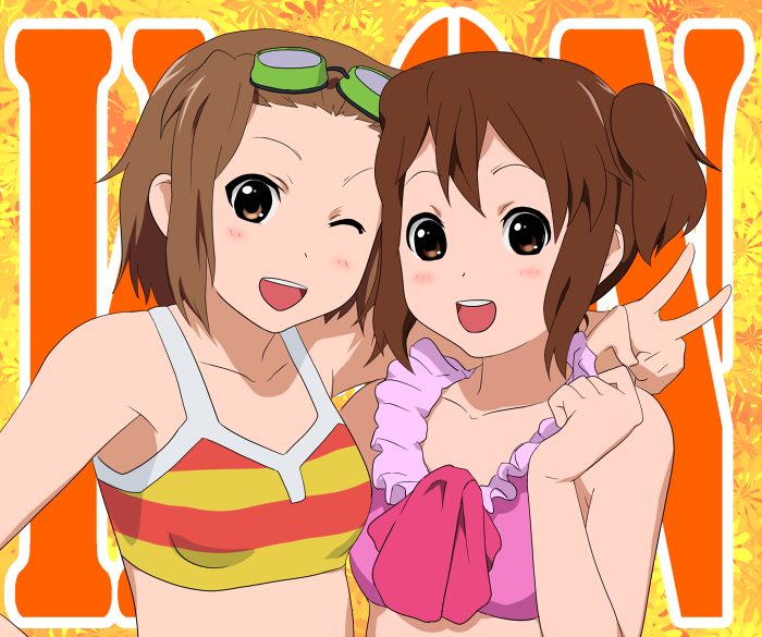 namine0079, hirasawa ui, hirasawa yui, tainaka ritsu, k-on!, striped, bad id, bad pixiv id, 00s, 2girls, bikini, bikini top only, brown eyes, brown hair, goggles, multiple girls, ribbon, short hair, smile, swimsuit, tomboy, wink