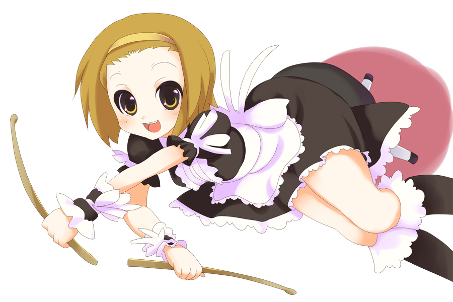sora to umi, tainaka ritsu, k-on!, 00s, 1girl, alternate costume, brown hair, drumsticks, enmaided, female focus, frills, headband, maid, short hair, smile, solo, tomboy