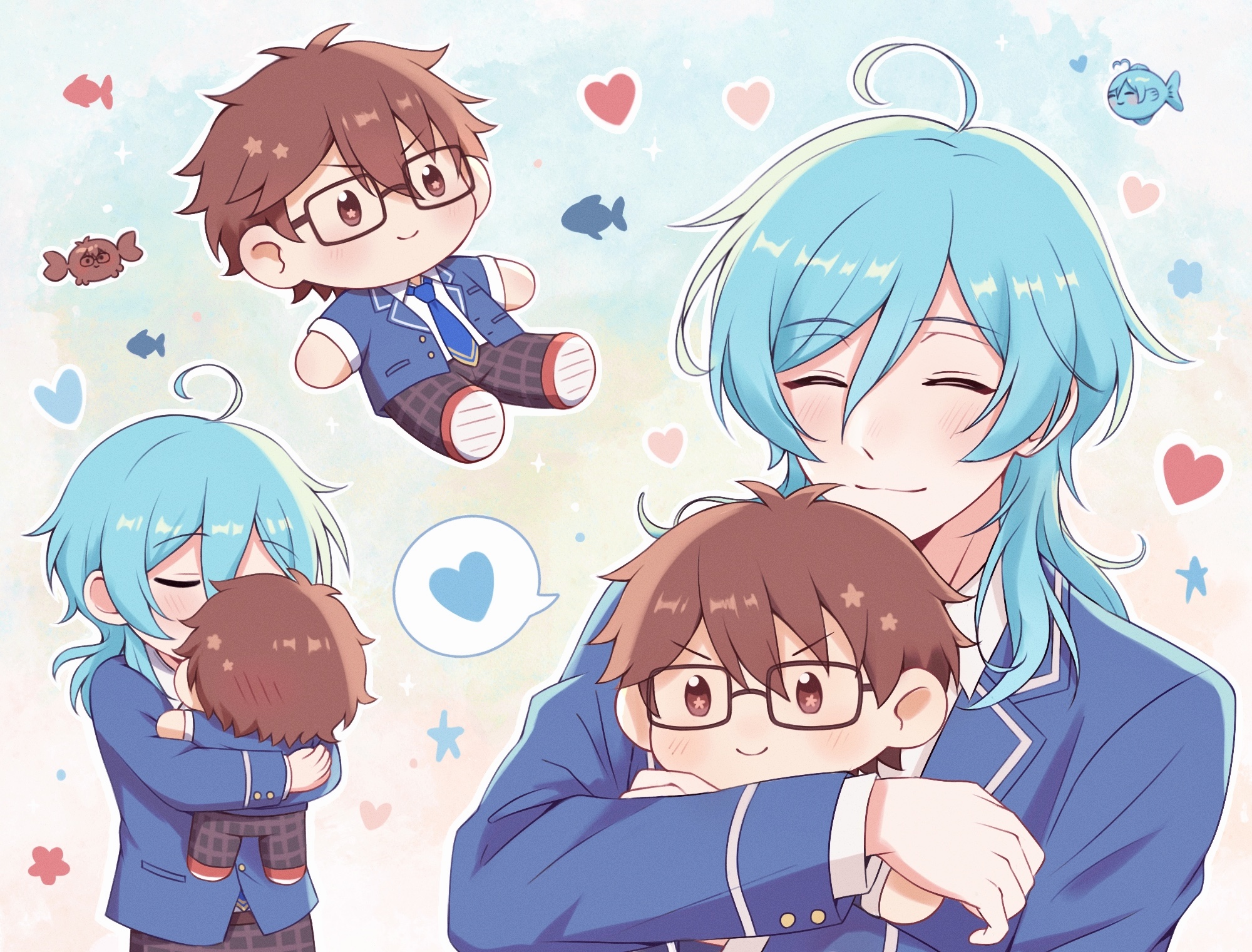 morisawa chiaki, multi, shinkai kanata, ensemble stars!, commentary, highres, symbol-only commentary, 1boy, ahoge, black-framed eyewear, blazer, blue hair, blue jacket, blue necktie, brown eyes, brown hair, character doll, closed eyes, closed mouth, doll, facing viewer, fish, flower, hair between eyes, hana (strawberry puka), hands up, heart, hugging doll, hugging object, jacket, lapels, long hair, long sleeves, male focus, necktie, notched lapels, open clothes, open jacket, pants, plaid clothes, plaid pants, school uniform, short hair, smile, spoken heart, star (symbol), upper body, yaoi, yumenosaki school uniform