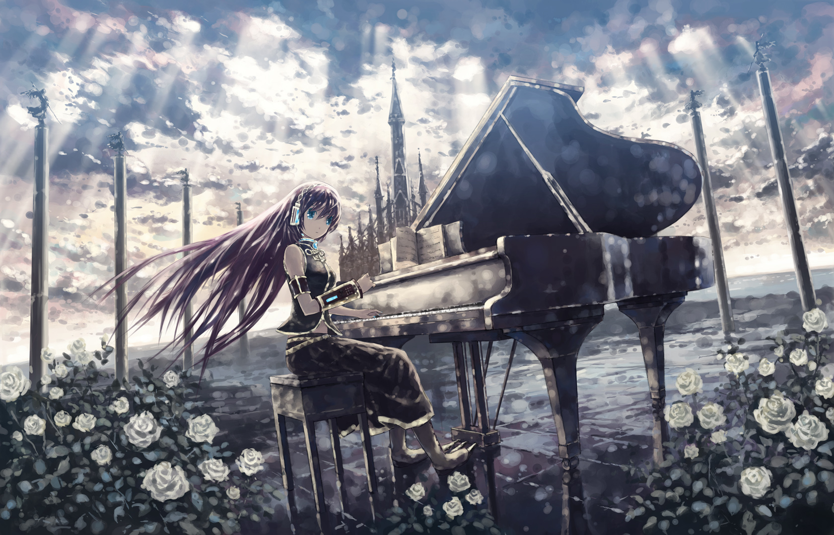 isou nagi, megurine luka, vocaloid, light, highres, 1girl, blue eyes, building, church, cloud, female focus, flower, grand piano, headset, instrument, long hair, midriff, piano, piano bench, pillar, pink hair, scenery, skirt, sky, solo, very long hair