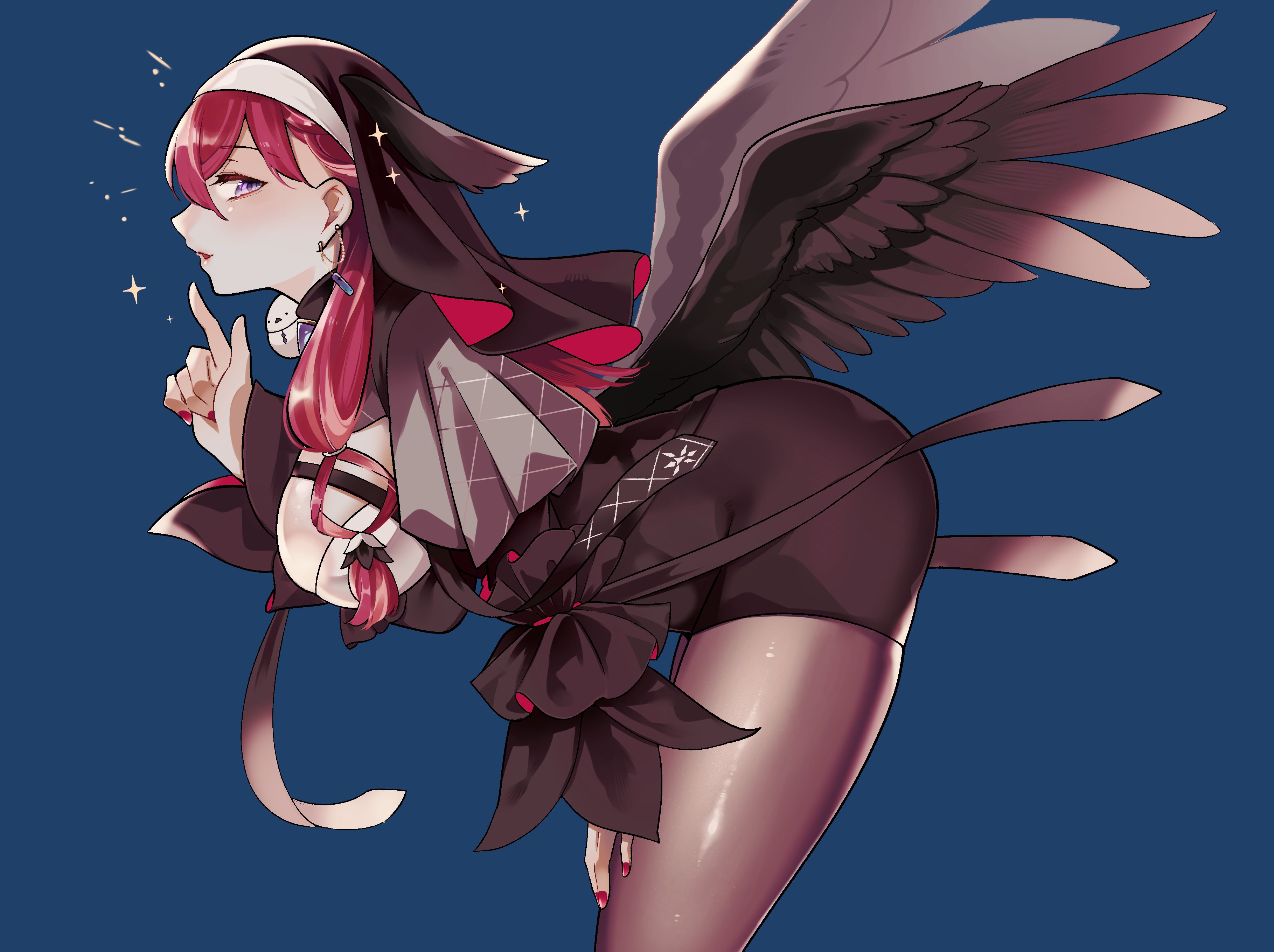 sooru0720, konkon aria, neo-porte, absurdres, highres, 1girl, animal, animal on shoulder, arm on thigh, bird, bird on shoulder, black coif, black dress, black romper, black wings, blue background, blush, braid, braided bangs, breasts, capelet, cleavage, coif, cowboy shot, criss-cross straps, dress, ear chain, earrings, framed breasts, from side, gem, grey capelet, hair between eyes, head wings, high-waist shorts, jewelry, large breasts, leaning forward, linked piercing, long-tailed tit, long hair, looking at viewer, low-tied sidelocks, nun, pantyhose, piercing, purple eyes, purple gemstone, red hair, romper, shorts, sidelocks, solo, sparkle, tit (bird), virtual youtuber, wings