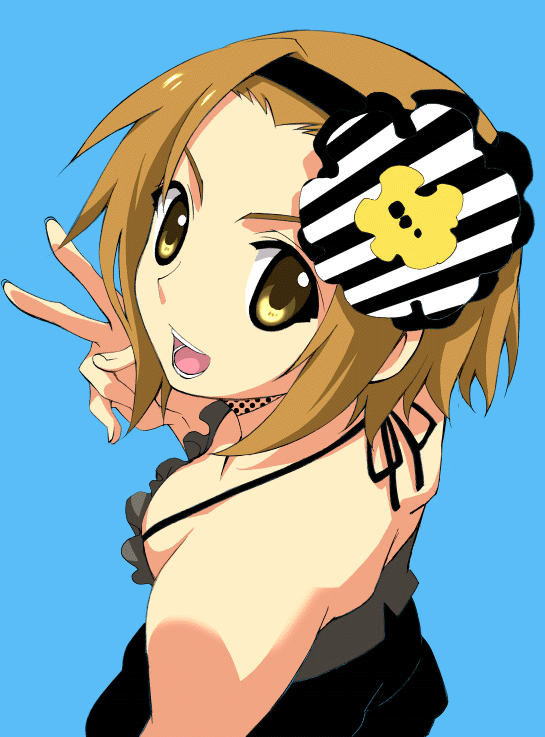 gucchie, tainaka ritsu, don't say "lazy", k-on!, light brown hair, striped, 00s, 1girl, bare shoulders, breasts, brown eyes, brown hair, female focus, flower, hair flower, hair ornament, halterneck, headband, looking up, short hair, simple background, smile, solo, spaghetti strap, tomboy, v