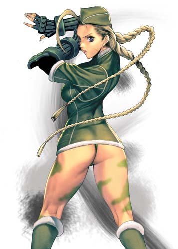 homare (fool's art), cammy white, capcom, street fighter, street fighter iv (series), lowres, 1girl, alternate costume, ass, blonde hair, blue eyes, braid, female focus, garrison cap, gloves, hat, kneepits, road, solo, street, twin braids