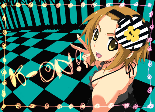 gucchie, tainaka ritsu, don't say "lazy", k-on!, 00s, 1girl, brown eyes, brown hair, female focus, flower, hair flower, hair ornament, halterneck, smile, solo, tomboy, v