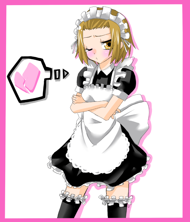 hikareru, tainaka ritsu, k-on!, bad id, bad pixiv id, 00s, 1girl, alternate costume, apron, blush, border, broken heart, brown hair, crossed arms, enmaided, female focus, frills, heart, maid, maid apron, one eye closed, pout, short hair, solo, spoken heart, thighhighs, tomboy, wink