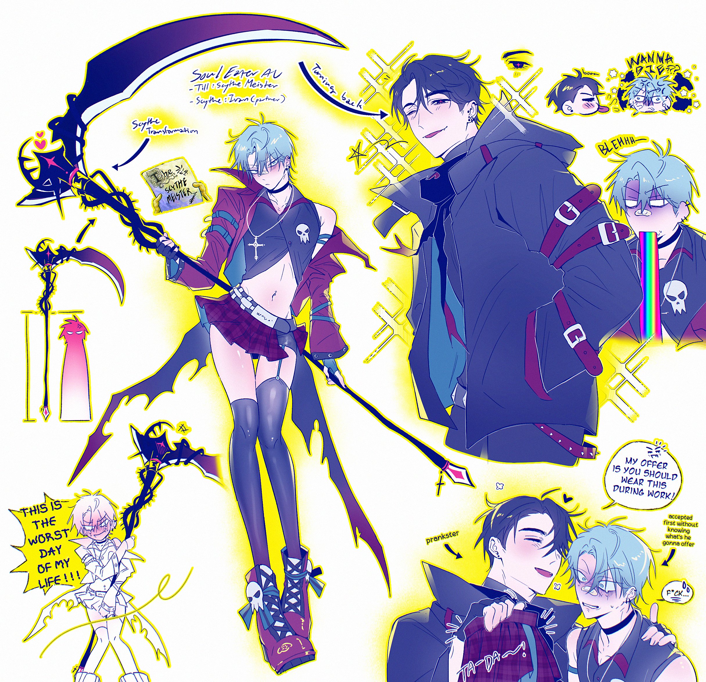 man n nam, ivan (alien stage), till (alien stage), alien stage, soul eater, commentary, english commentary, highres, 2boys, alternate costume, bandaid, bandaid on face, bandaid on nose, black eyes, black jacket, black thighhighs, boots, english text, garter straps, green eyes, heart, holding, holding scythe, jacket, male focus, miniskirt, multiple boys, plaid clothes, plaid skirt, red boots, red jacket, red pupils, red skirt, scythe, single garter strap, skirt, star (symbol), thighhighs, tongue, tongue out, vomiting rainbows